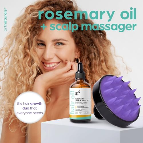 Artnaturals Natural Rosemary Castor Hair Oil + Massager Set – 4 oz Hair Progress Oil with Coconut & Olive Oil for Dry, Broken, and Break up Ends