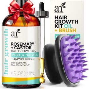 Artnaturals Natural Rosemary Castor Hair Oil + Massager Set – 4 oz Hair Progress Oil with Coconut & Olive Oil for Dry, Broken, and Break up Ends