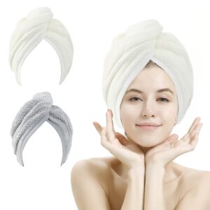 Set of two Hair Towel Wraps – Absorbent Microfiber Hair Drying Towels with Buttons for Fast Hair Drying (Beige & Grey)