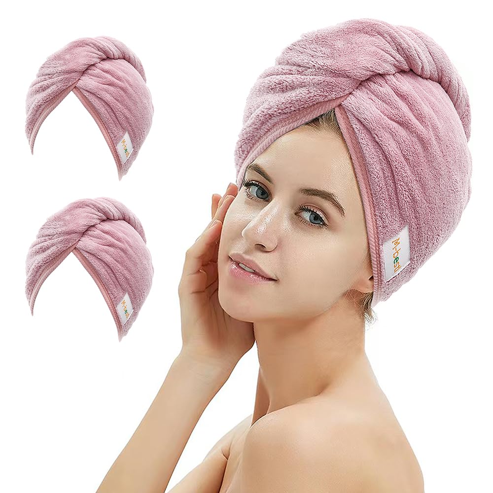 Set of two Microfiber Hair Towel Wraps with Button Design, Fast-Dry Head Towels for Curly Hair (Bean Pink)