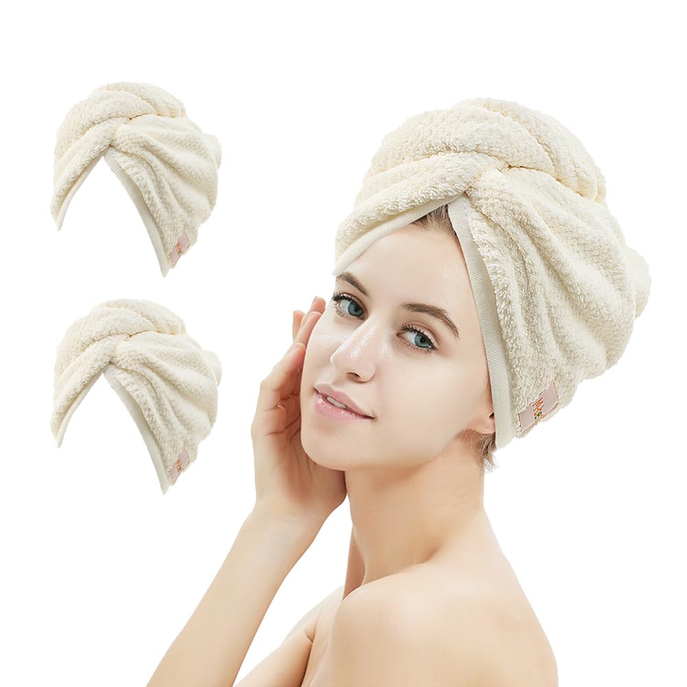 Set of two Microfiber Hair Towel Wraps with Button, Smooth and Absorbent Hair Drying Towels, Anti-Frizz Head Towels for Fast Hair Drying (Beige & Beige)