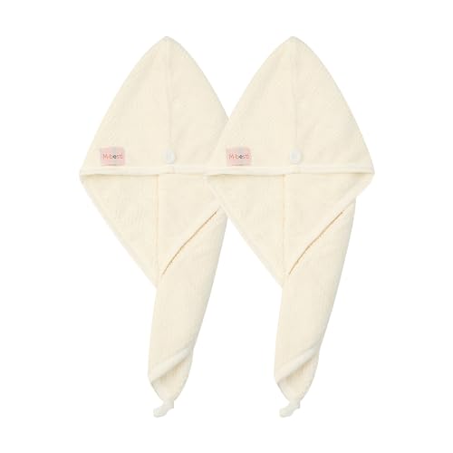 Set of two Microfiber Hair Towel Wraps with Button, Smooth and Absorbent Hair Drying Towels, Anti-Frizz Head Towels for Fast Hair Drying (Beige & Beige)